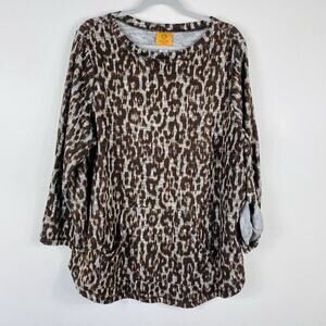 Ruby Rd. Plus Size 1X Animal Print Knit Pocket Tunic Top Brown Leopard